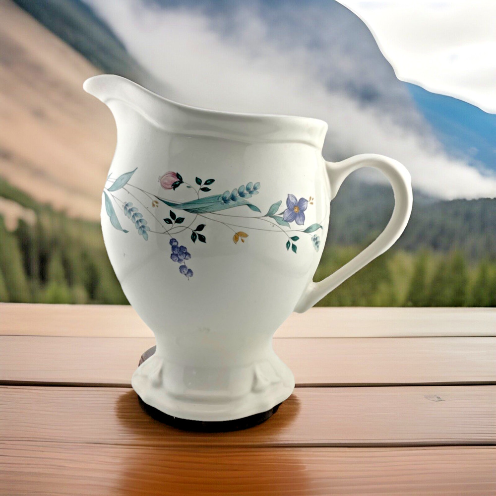 Pfaltzgraff APRIL Sculpted Footed Tea or Water Pitcher Purple Teal Floral